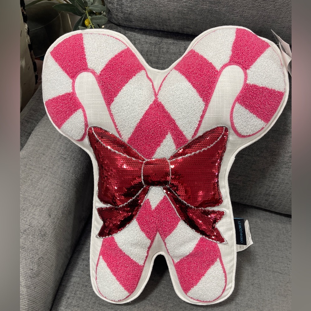 Pink Christmas Candy Cane Peppermint Sequin Bow plush pillow NWT Cynthia Rowley